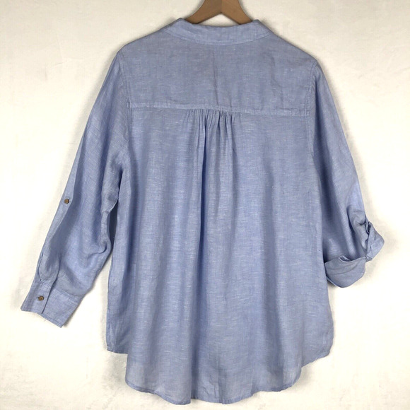 SIGRID OLSEN 100% Linen Tunic Top Sz 1X Blue Roll Tab 1/2 Button Loop Lagenlook - Picture 2 of 11